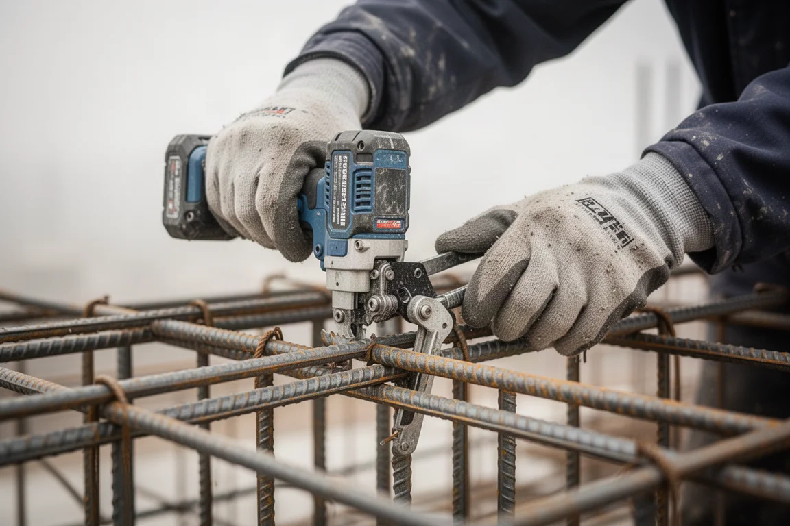 Mains gantées d'un ouvrier tenant le ligaturateur au-dessus de barres croisées sur un chantier