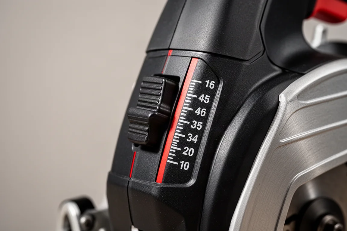 Leva e scala di regolazione della profondità sul fianco di una sega circolare a batteria