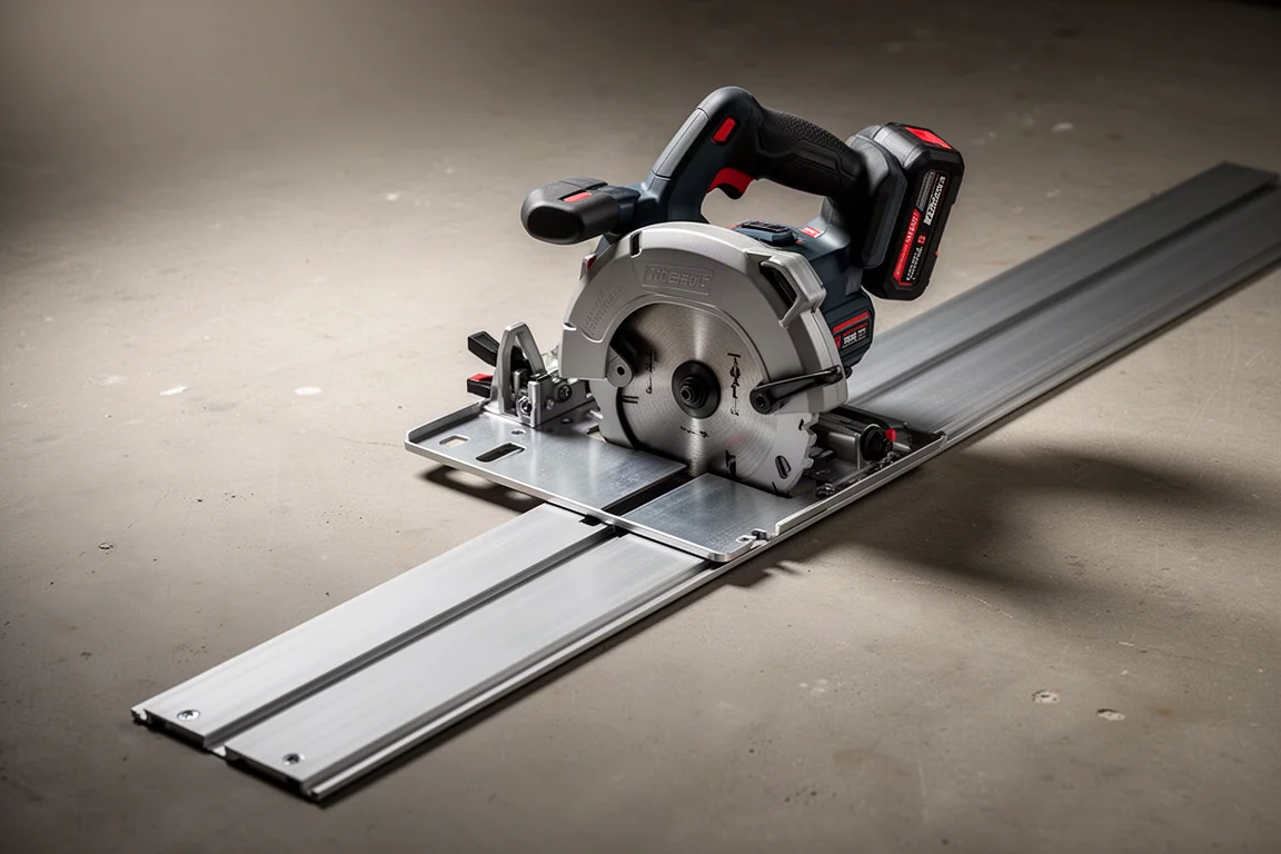 Cordless circular saw with grooved base plate beside an aluminium guide track