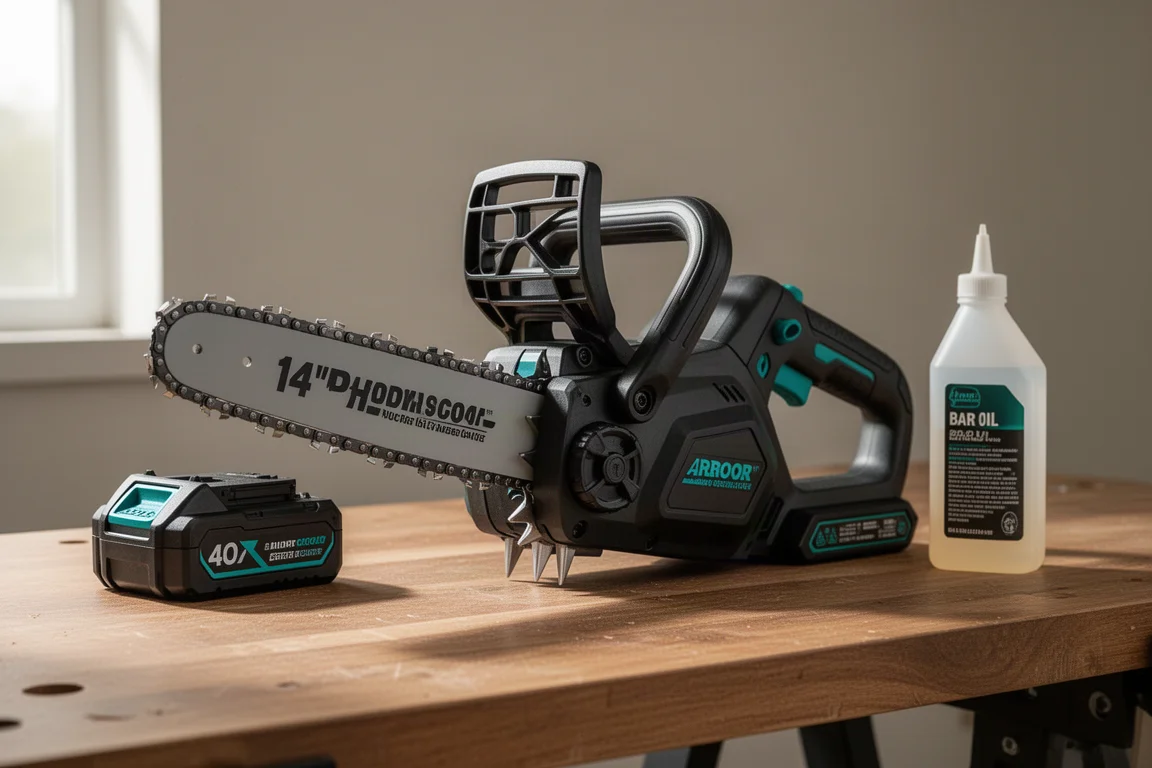 Compact cordless arborist chainsaw on a workbench beside a battery and bar oil
