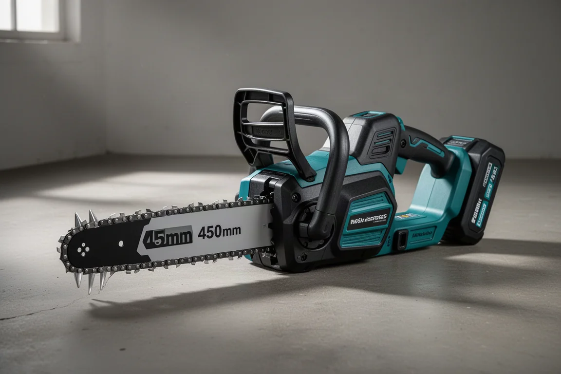 Makita 40V rear handle chainsaw with long guide bar on concrete floor