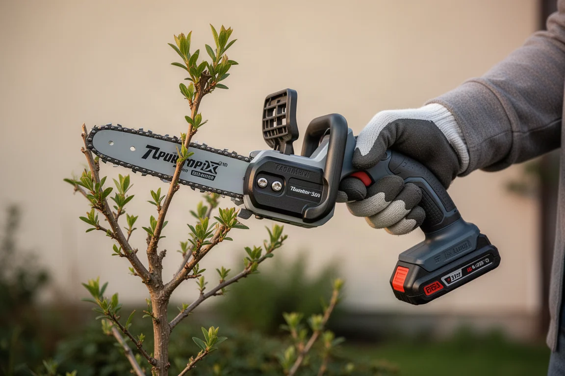 Mini-Kettensäge wird bei Gartenpflegearbeiten mit einer Hand gehalten