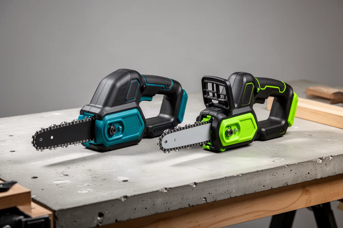 Two compact cordless mini chainsaws side by side on a concrete workbench
