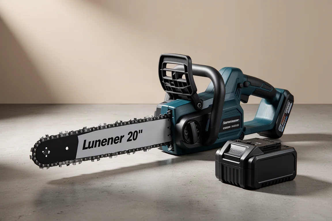 Makita 40V cordless chainsaw with 20-inch bar beside a battery pack on concrete