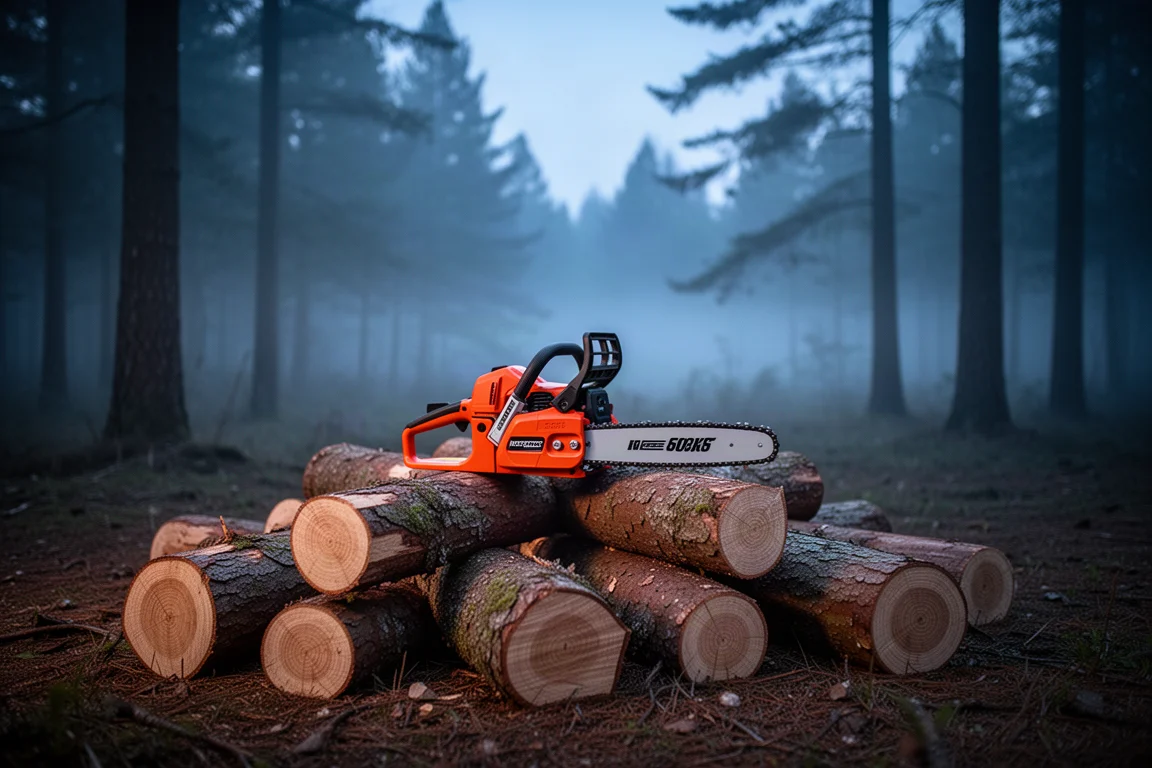 Kettensäge auf einem Holzstapel in einer Waldlichtung in der Abenddämmerung