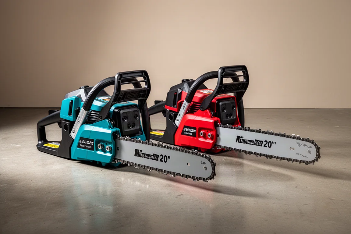 Two 20-inch battery chainsaws side by side on a concrete floor