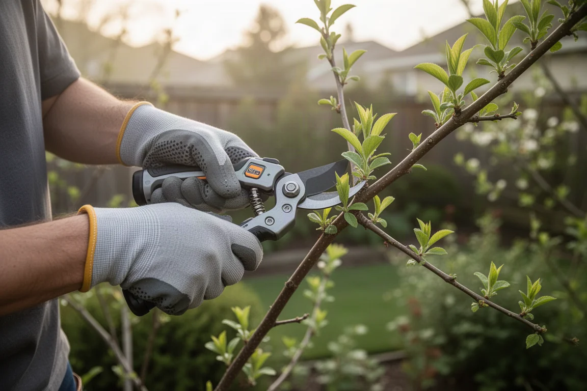 Jardinier taillant des tiges vertes avec un sécateur sans fil dans un jardin privatif