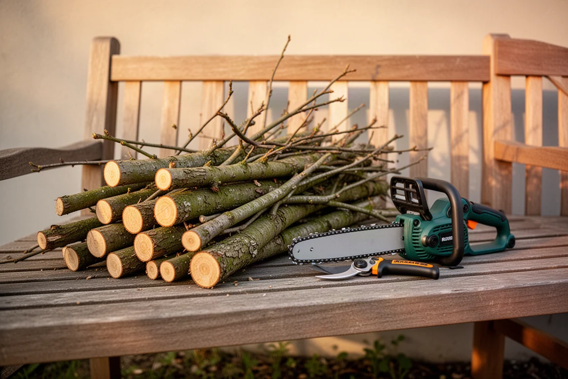 Banc de jardin avec branches fraîchement coupées et outils d'élagage disposés
