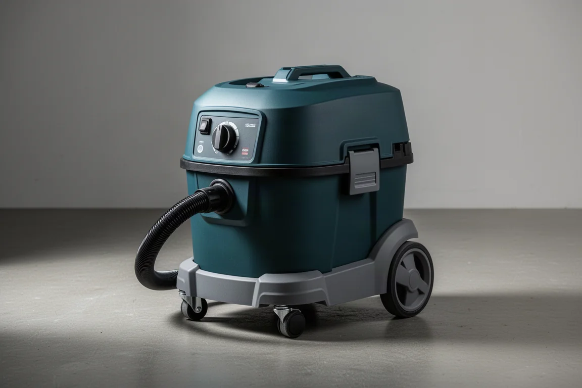 Makita VC004G 15-liter cordless dust extractor on a concrete workshop floor
