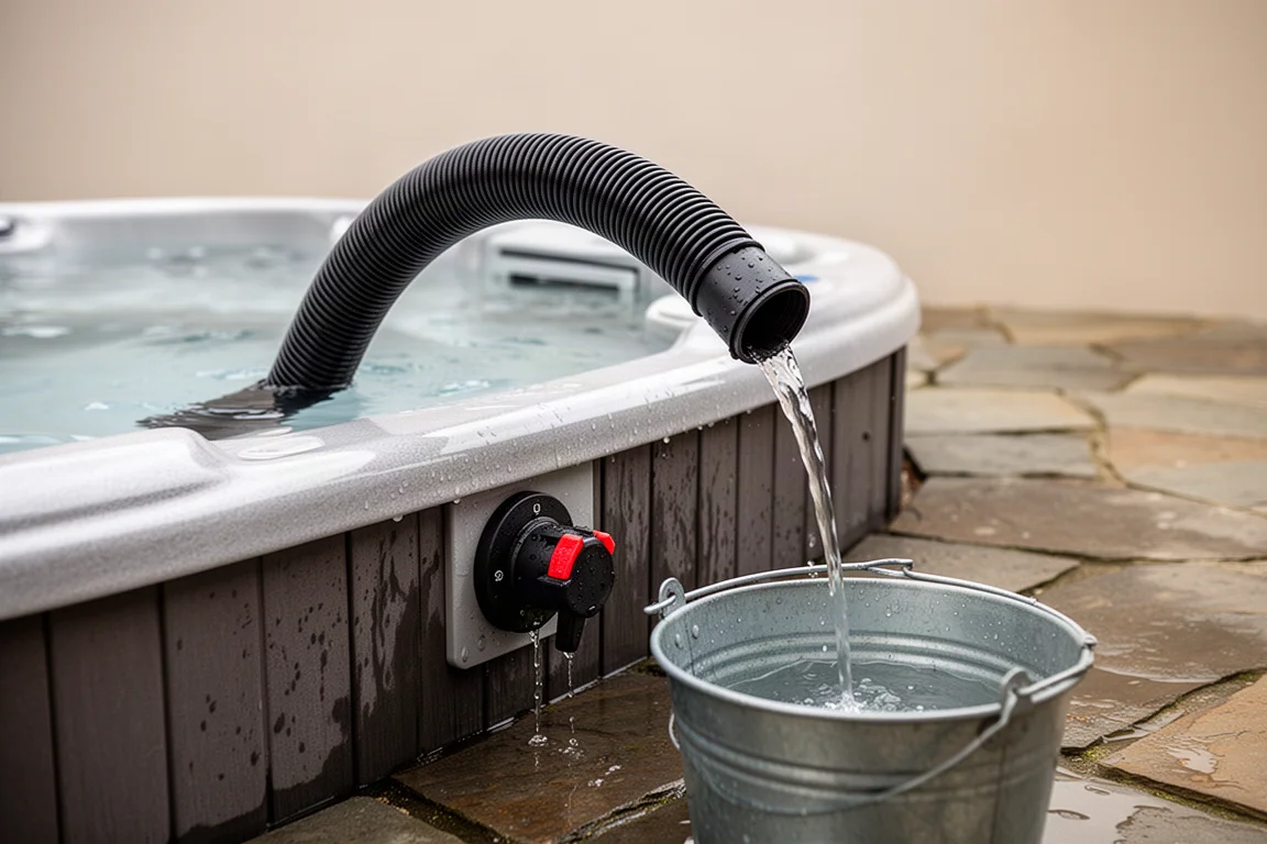 バキュームのホースでスパの水を排水する連続排出シーン