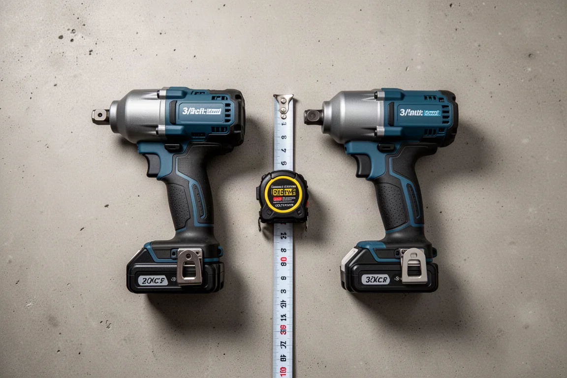 Two compact cordless impact wrenches side by side on a workbench