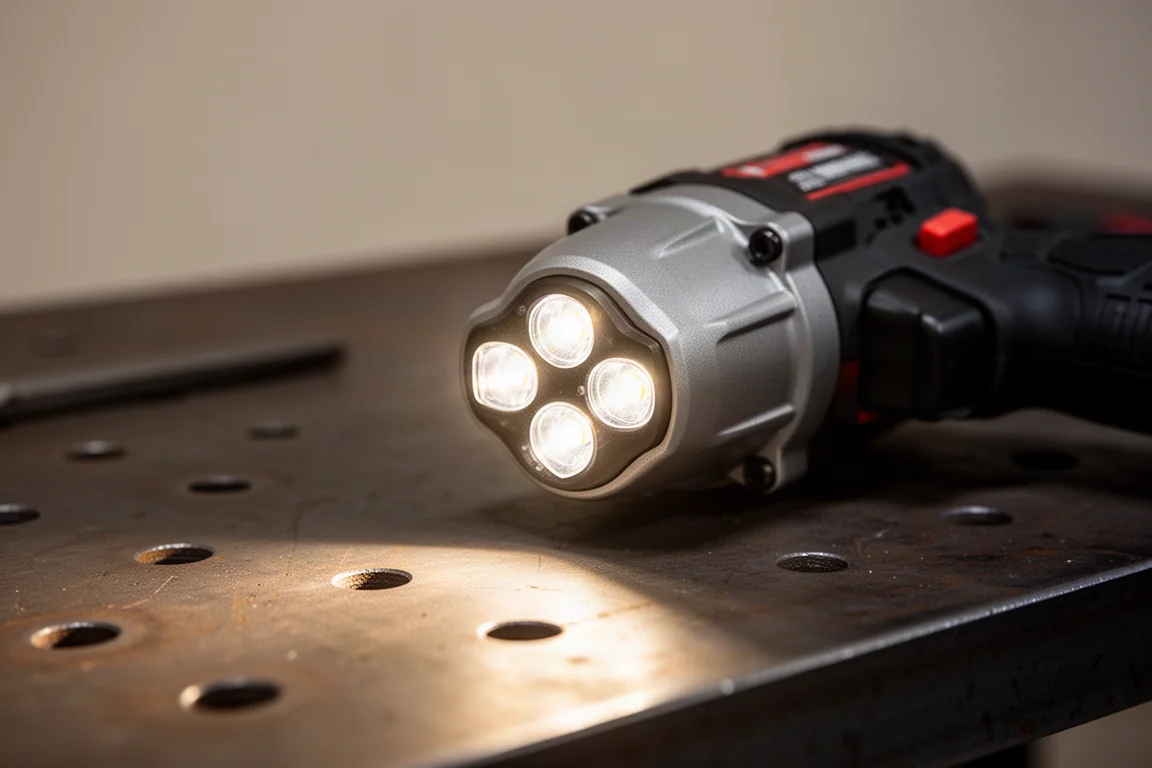 DeWalt tri-LED work light casting light onto a bolted surface