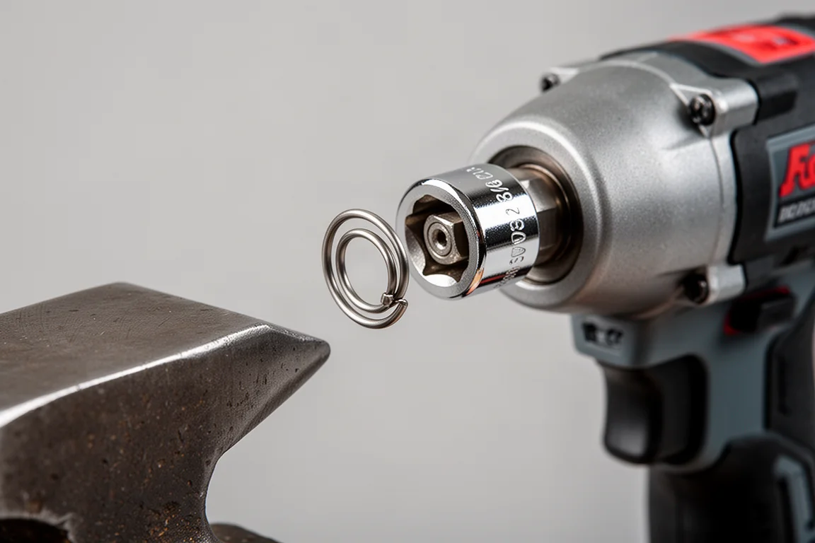 Hog ring anvil of a 3/8-inch impact wrench with a socket attached