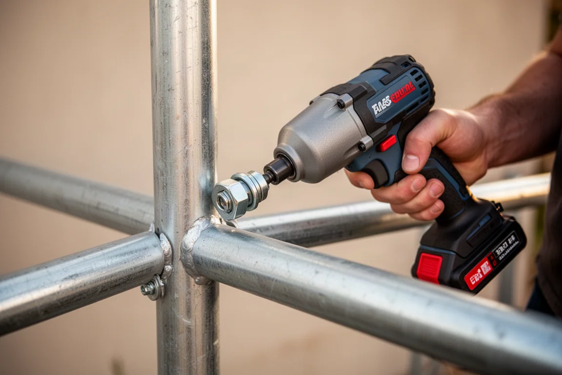 Impact wrench driving nuts into a trampoline frame outdoors