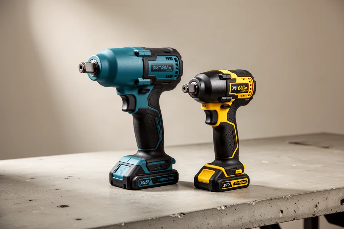 Two compact cordless 3/8-inch impact wrenches side by side on a concrete workbench