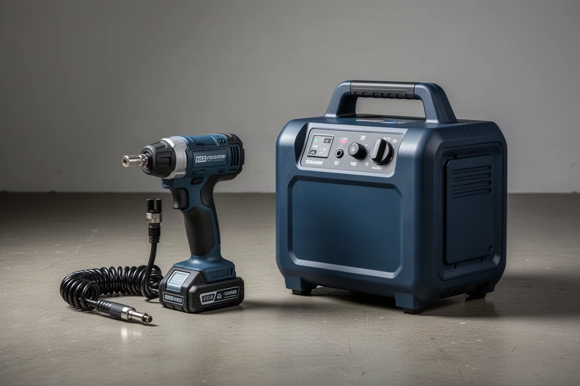 A compact and a large cordless air compressor side by side on concrete