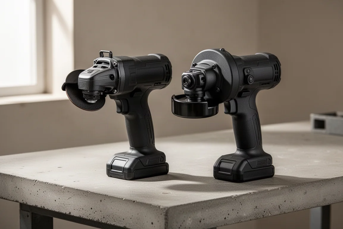 Two Makita cordless angle grinders side by side on a concrete workbench