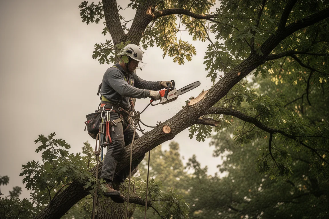 Arborista pracujący na wysokości w koronie drzewa z małą piłą top handle