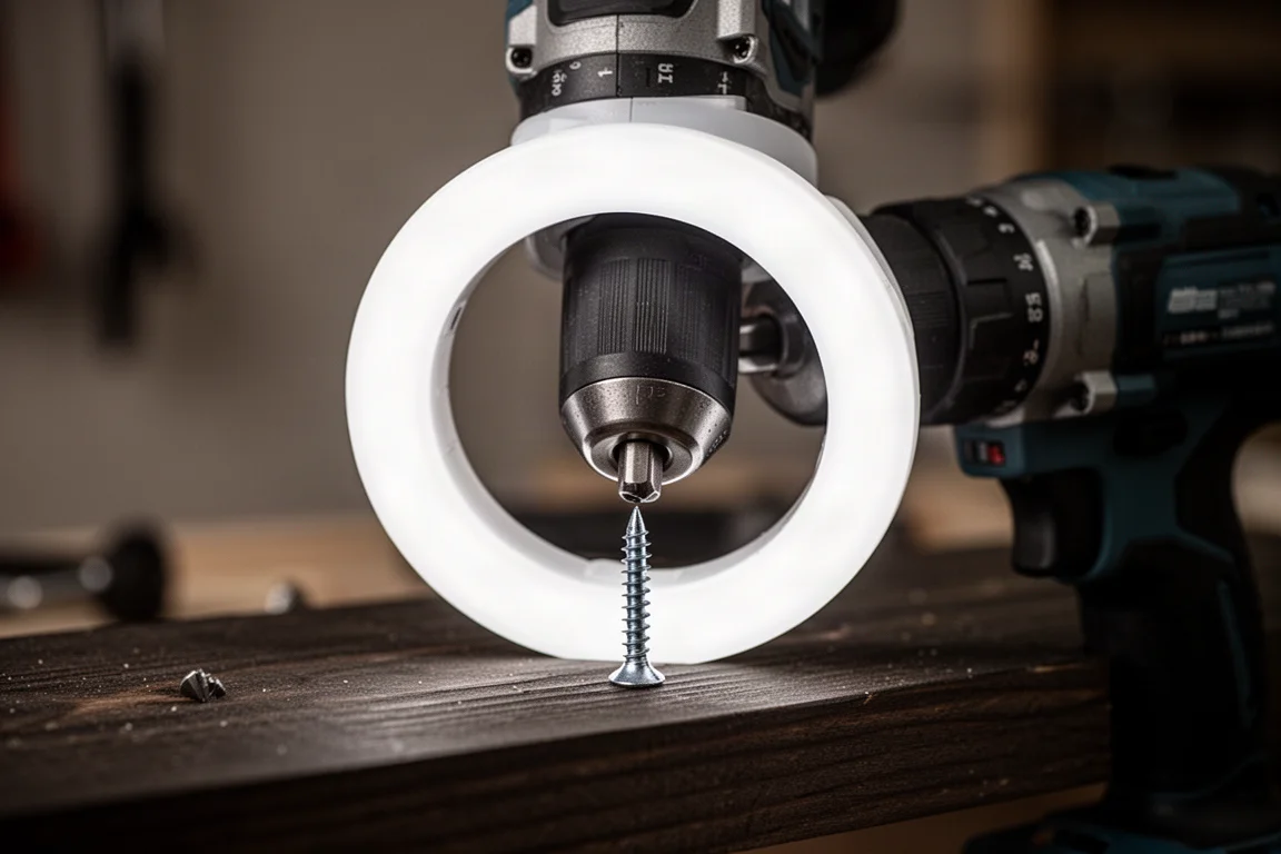 Primo piano della luce ad anello di un avvitatore a impulso che illumina una vite su legno scuro