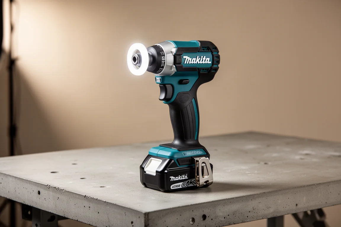 Compact teal and black cordless impact driver on a concrete workshop bench