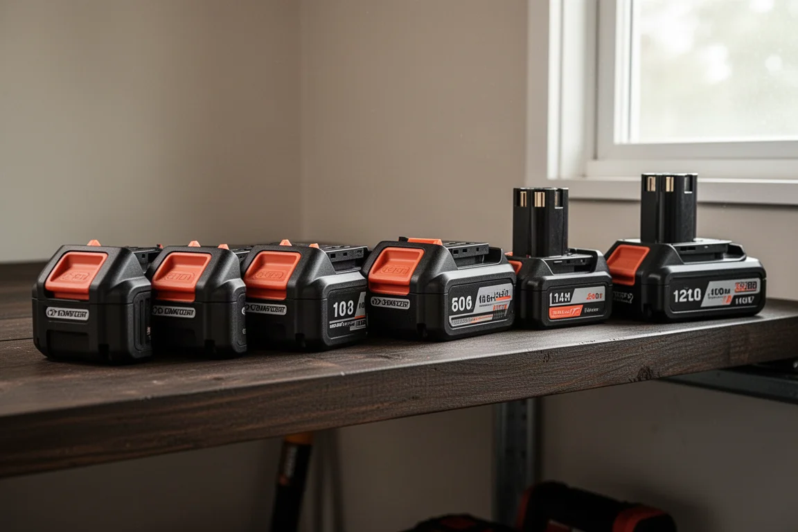 Reihen von Akku-Werkzeugbatterien auf einem Regal in einer Garage