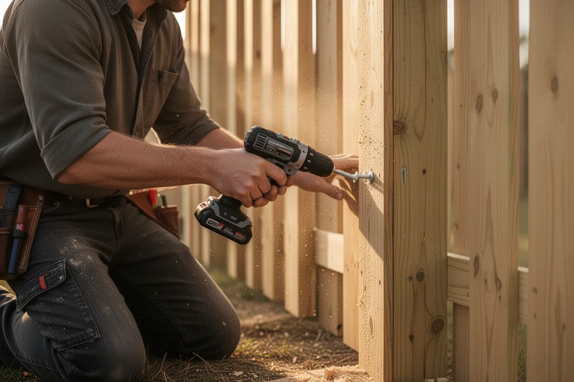 Handwerker montiert im Freien ein Holz-Zaunpanel mit einem Akku-Schrauber
