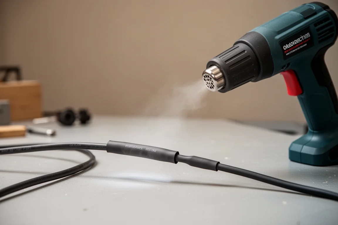 Akkubetriebenes Heißluftgebläse wird genutzt, um Schrumpfschlauch auf ein Kabel zu schrumpfen