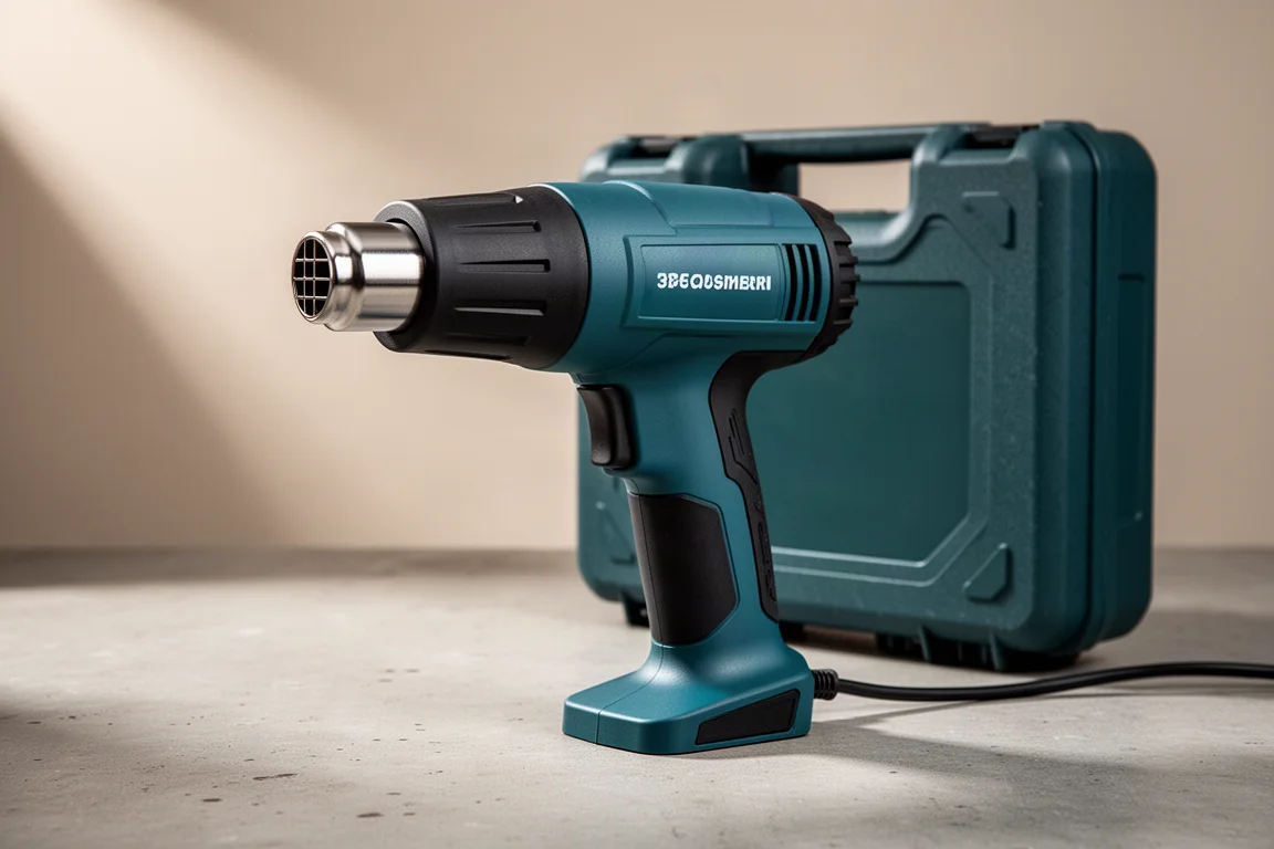 Cordless teal and black heat gun on concrete with its case behind it