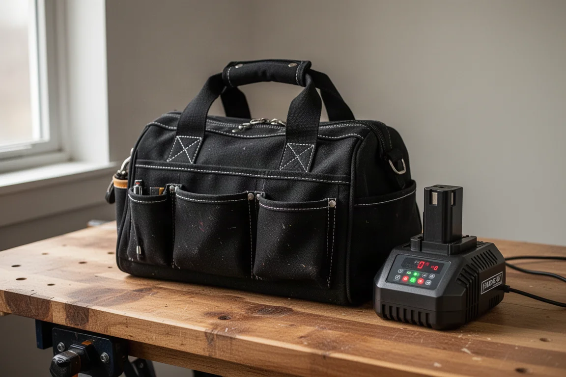 Sac d'outils de contrat et chargeur rapide disposés sur un établi de garage