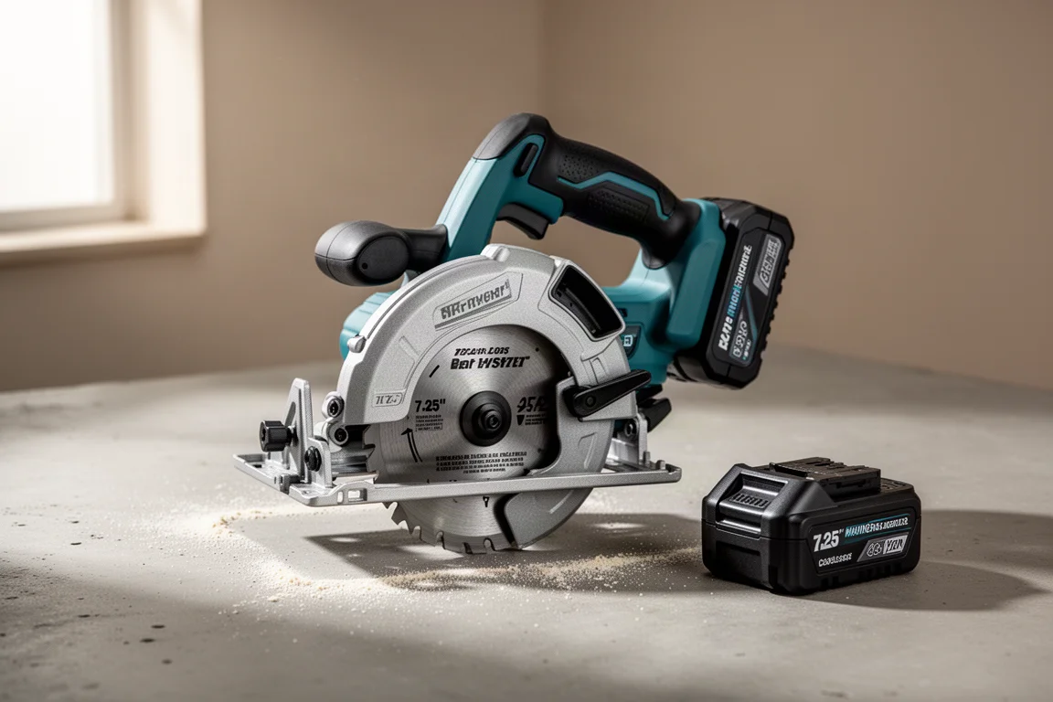 Cordless rear handle circular saw with battery pack on concrete surface