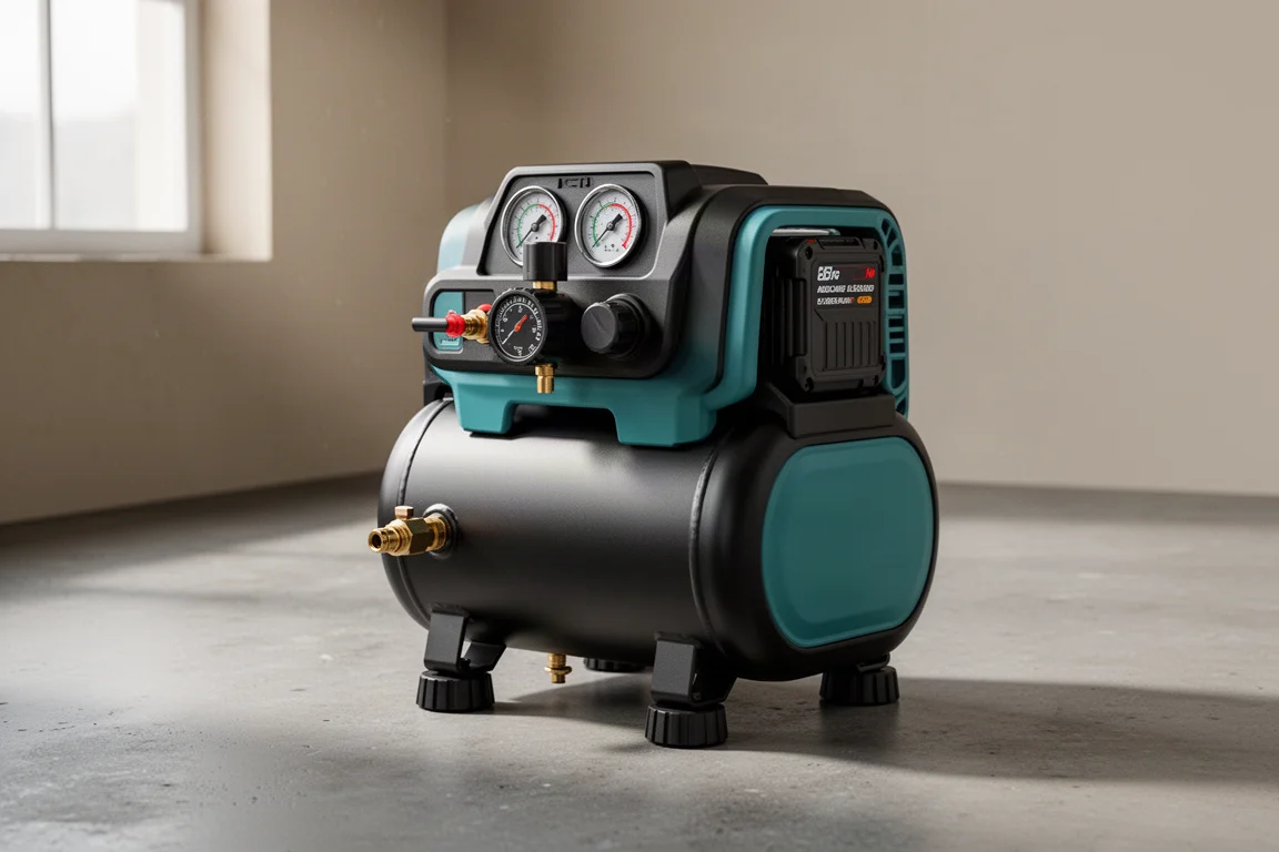 Compact Makita XGT cordless air compressor on a workshop floor