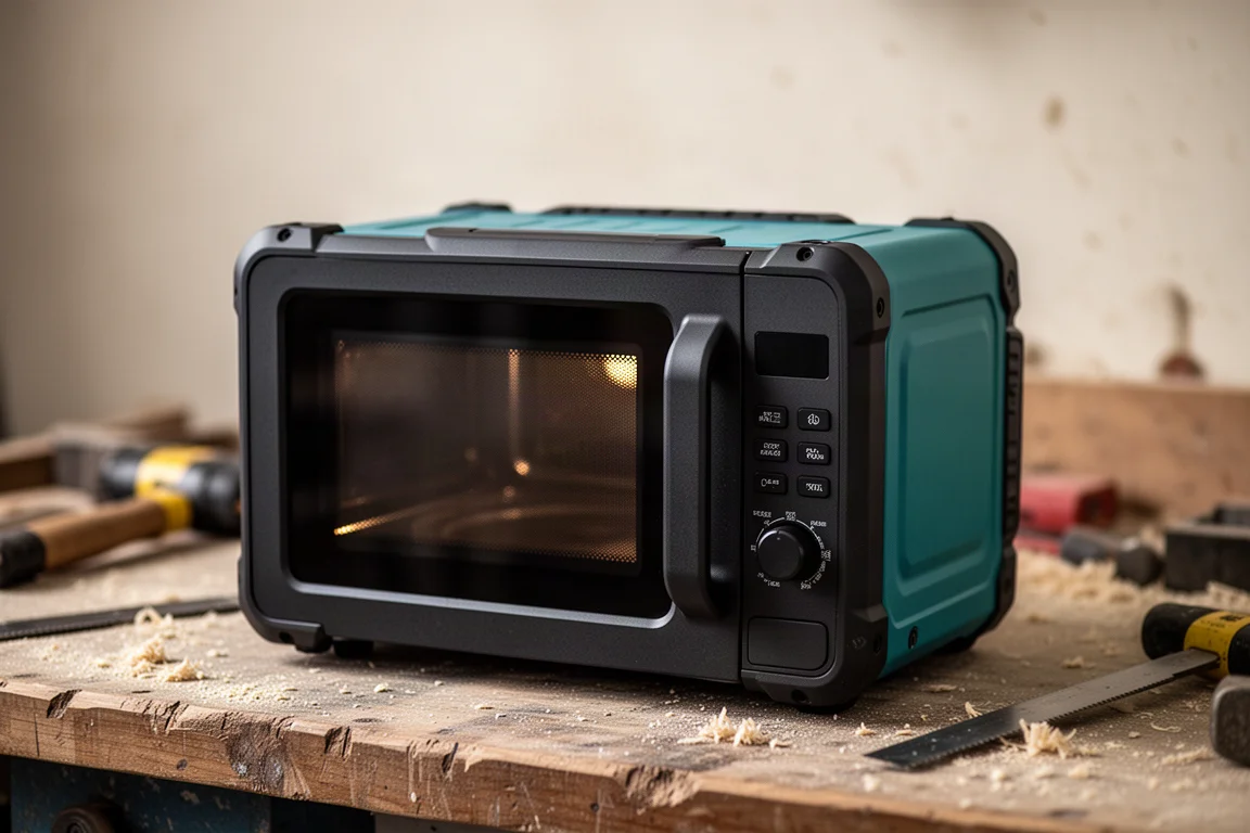 Portable Mikrowelle steht in einer Werkstatt auf einer Werkbank, mit Essen darin