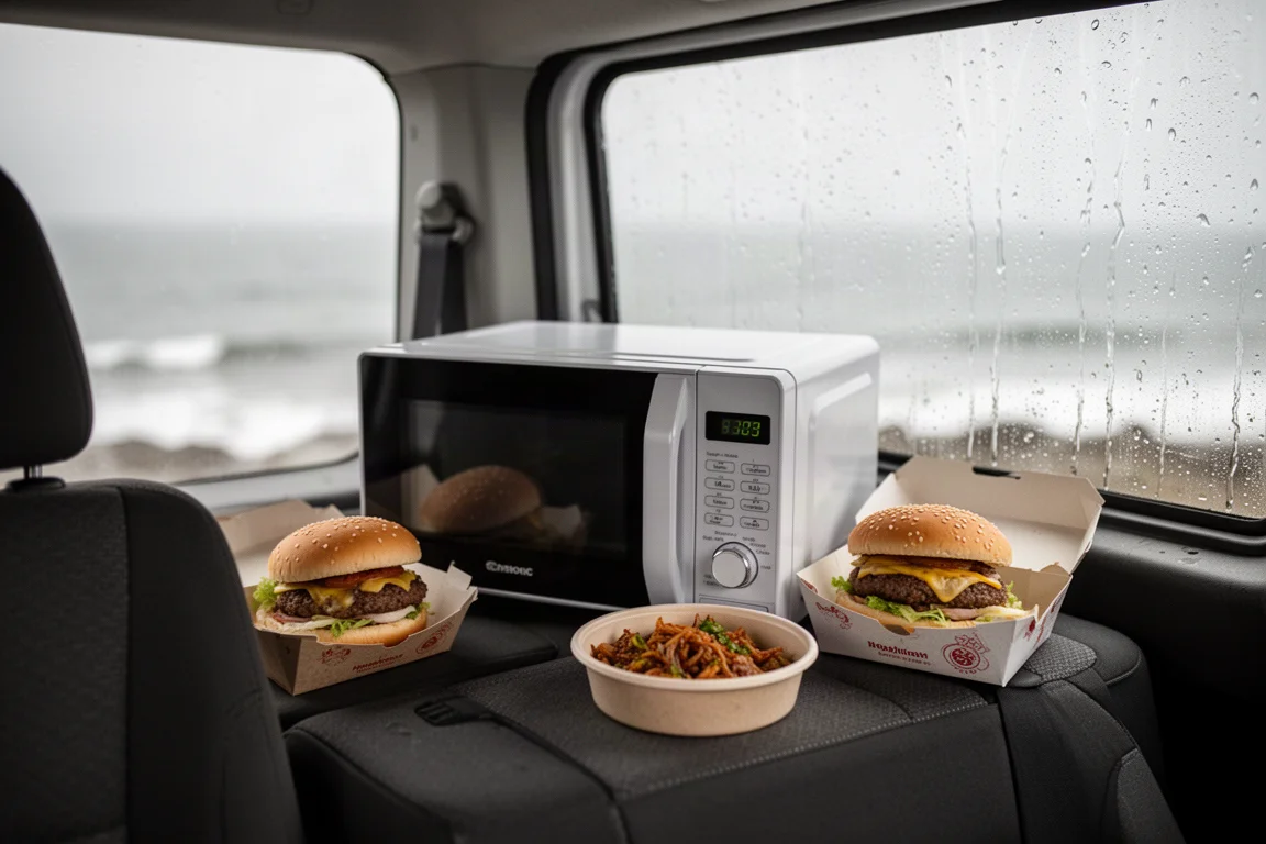 Lunchbox und Schüssel mit Essen auf einem Fahrzeugsitz neben einer Portable Mikrowelle