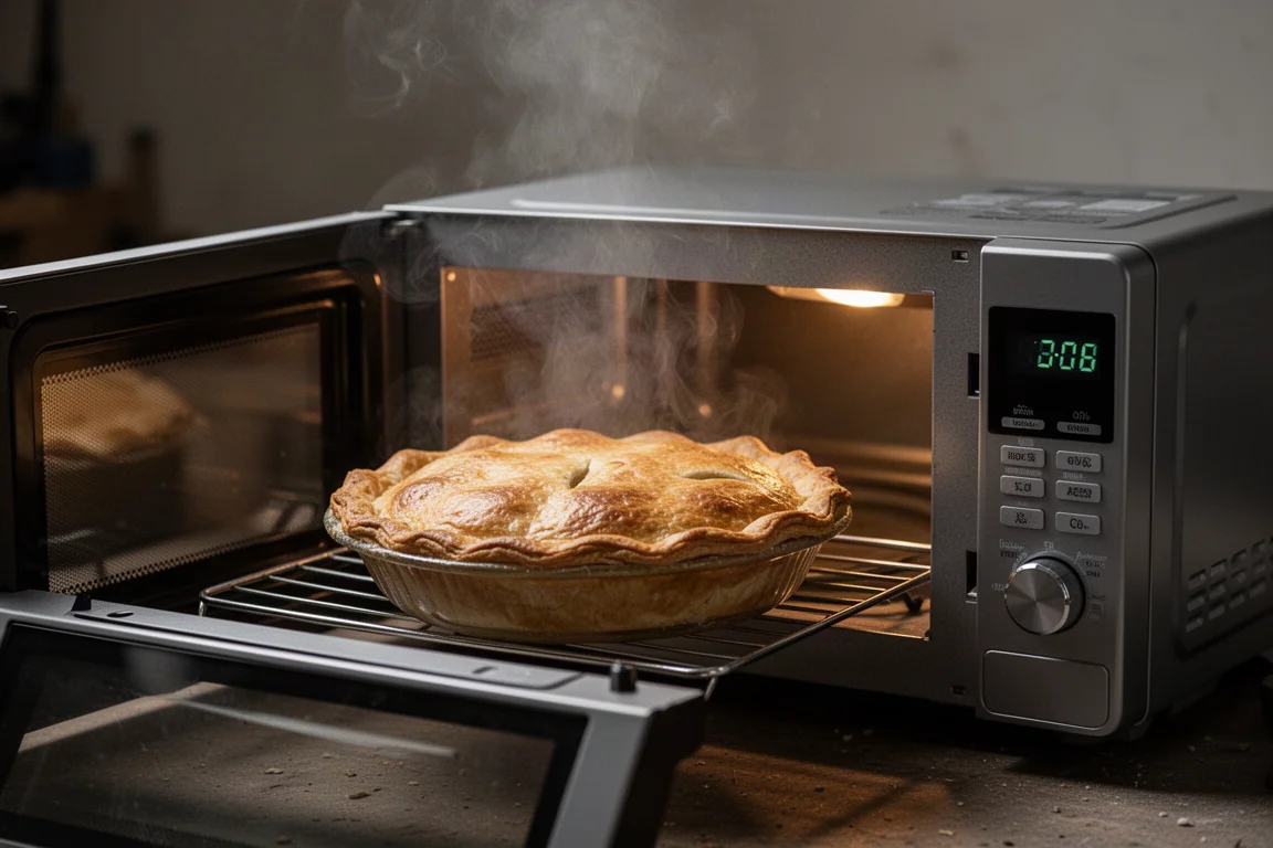 Heiße, dampfende Pastete wird bei schlechtem Licht aus einer Portable Mikrowelle genommen
