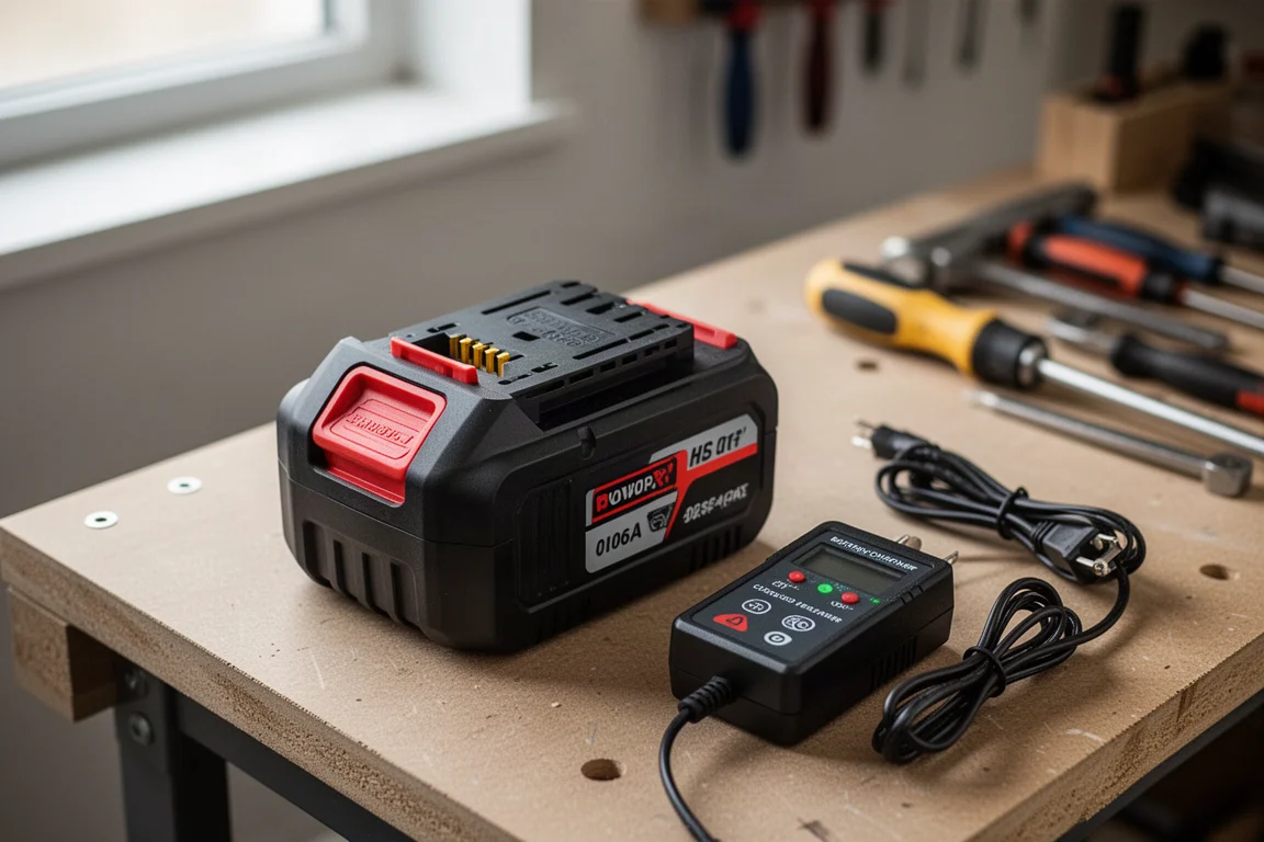 Akkubetriebener Werkzeugakku wird mit einem Batterietester auf einer Werkbank geprüft
