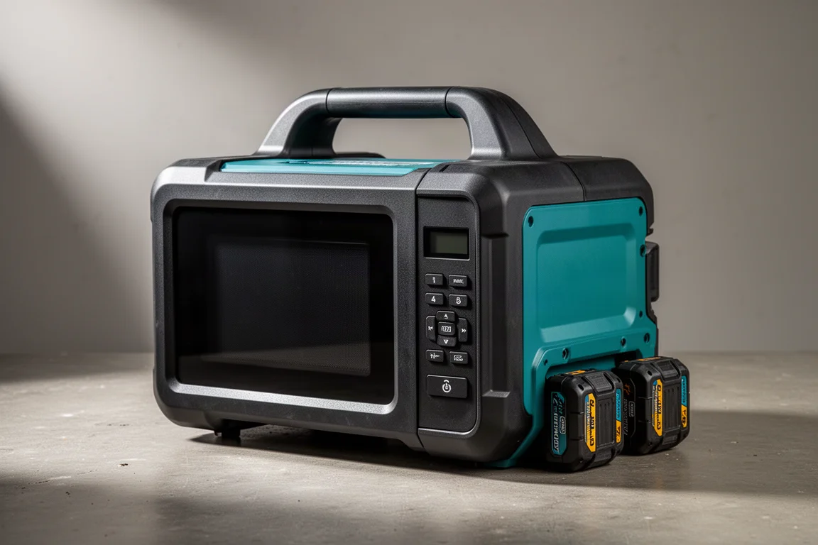 Portable Makita XGT microwave with battery packs on a concrete workshop surface