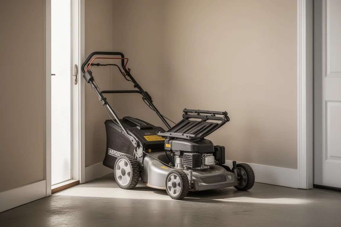 Cortador de grama com o guidão dobrado para armazenamento compacto em uma garagem