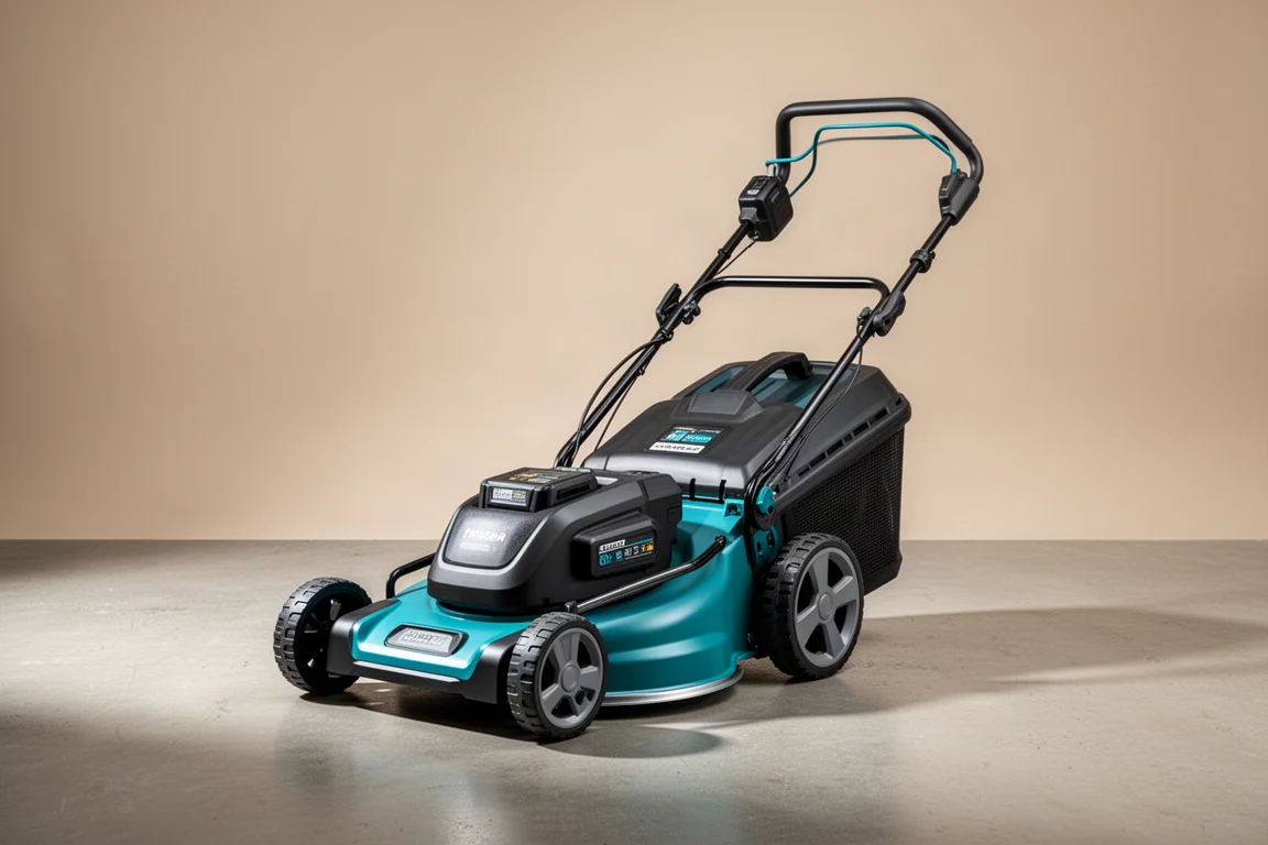 Cordless walk-behind lawn mower with steel deck and dual battery packs on concrete