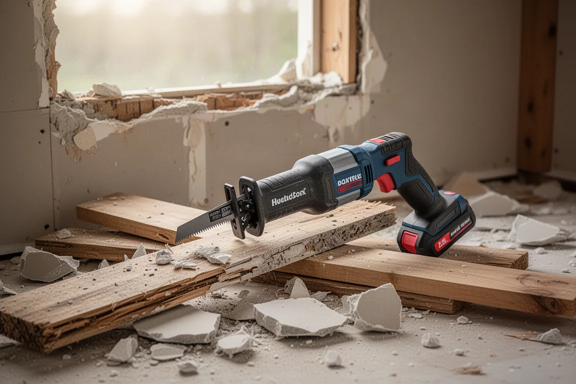 Cordless reciprocating saw resting on rough demolition site lumber