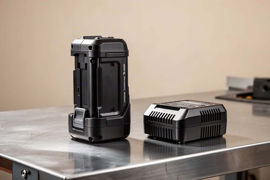 Large 40V battery pack standing beside the saw on a workbench