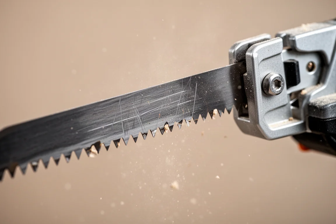 Reciprocating saw blade mounted in the clamp mechanism, close-up detail