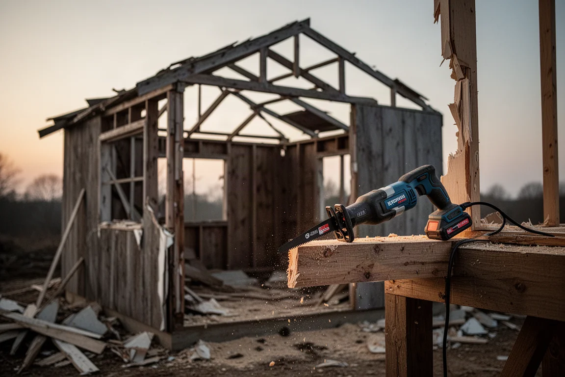 Worker cutting through an old shed frame with a cordless saw, dusk light