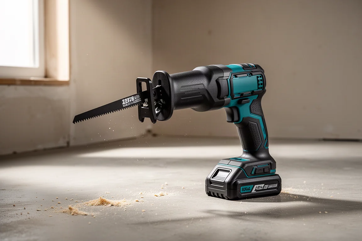 Cordless reciprocating saw with battery pack on a concrete workshop floor