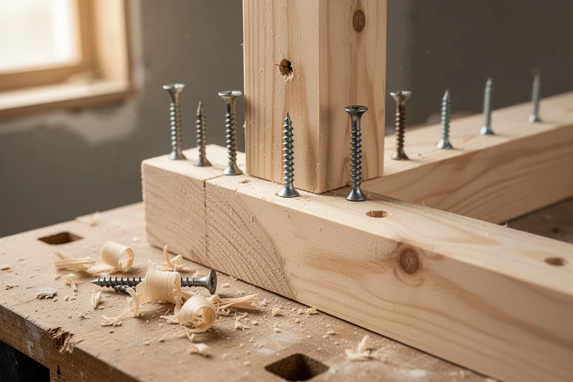Trockenbauschrauben werden in einen hölzernen 2x4-Balken eingedreht