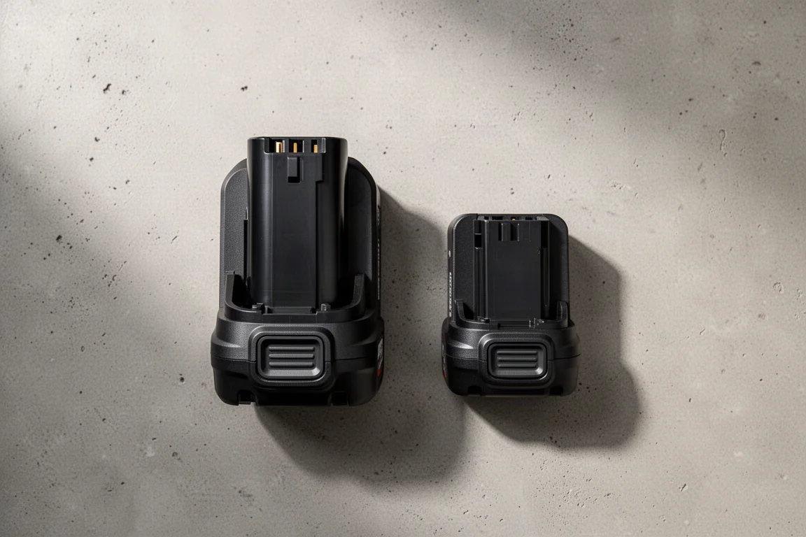 Direktvergleich zweier Akku-Werkzeugbatterien sehr unterschiedlicher Größe