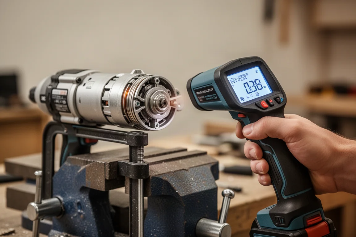 Infrarot-Thermometer misst die Oberflächentemperatur am Gehäuse eines Elektrowerkzeugs