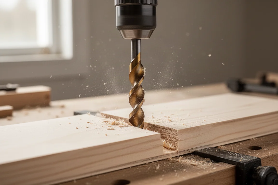 Ein Selbstbohrer mit einem Zoll Durchmesser bohrt sauber durch ein Holzbrett