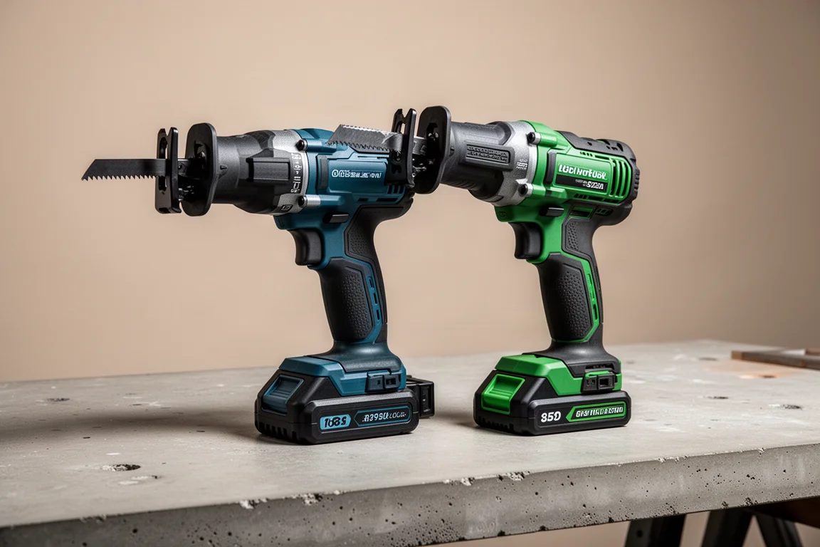 Two full-size cordless reciprocating saws side by side on a concrete workbench