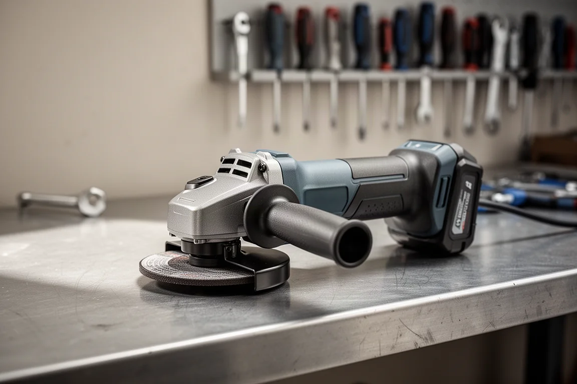 Haakse slijper op een metalen werkbank met een schone, vonkvrije ondergrond