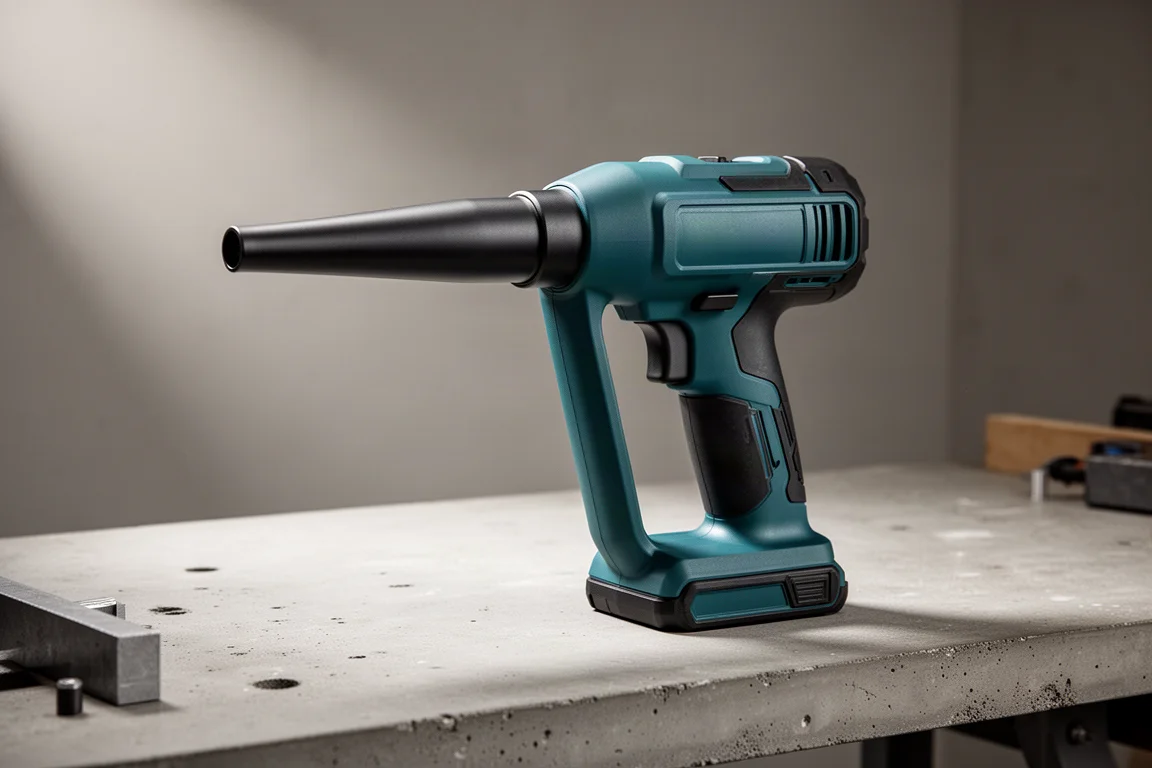 Compact cordless dust blower with long nozzle on a concrete workshop bench